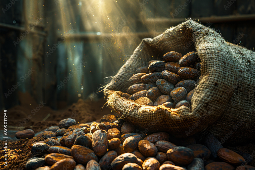 Poster cocoa beans illustrated as ancient artifacts that unlock chocolate waves, flowing and revitalizing a