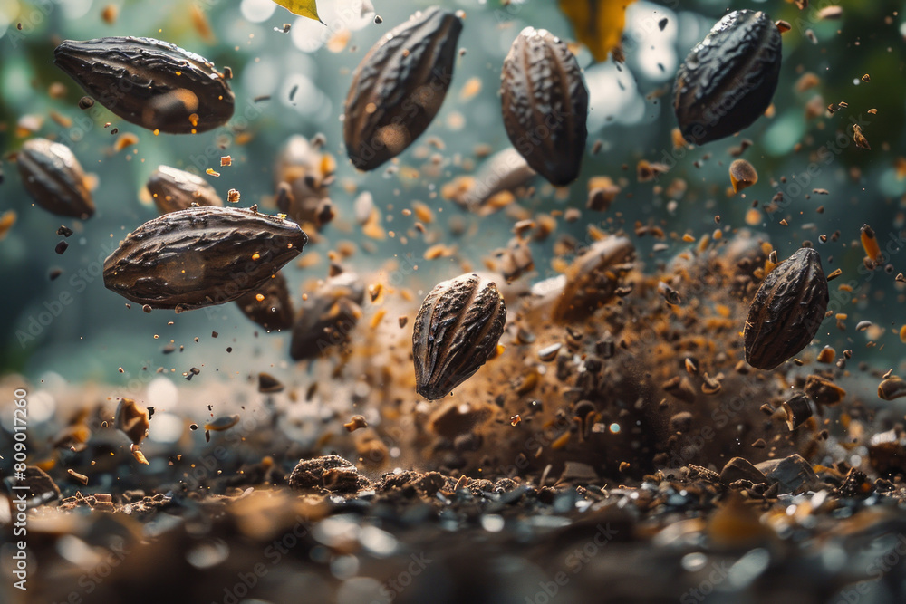 Aufkleber A whimsical image of cocoa beans popping like popcorn, turning into fluffy chocolate clouds that float and energize,