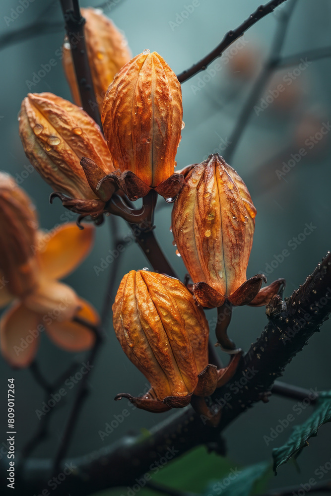 Poster An artistic portrayal of cocoa beans sprouting into a tree, with branches dripping with chocolate, symbolizing growth and energy,