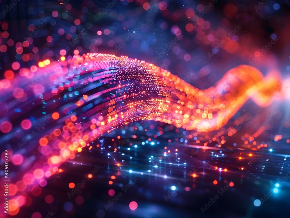 Poster neon lit fiber optic cable in quantum processing unit visualizing dynamic data flow and energy surge