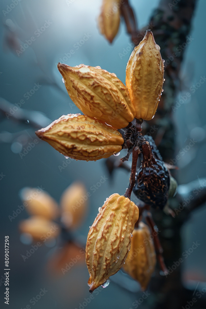 Poster An artistic portrayal of cocoa beans sprouting into a tree, with branches dripping with chocolate, symbolizing growth and energy,
