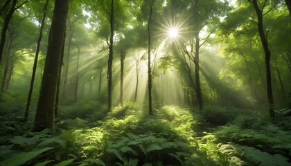 Sunlight filtering through the canopy of a lush gr upscaled 2