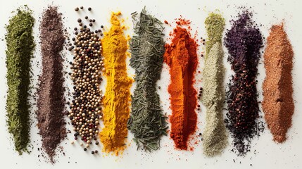 Vibrant, isolated top view of various spices, creative display highlighting the array of hues and textures, studio lighting