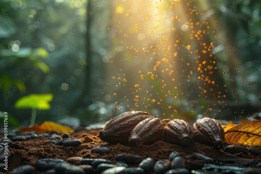 Aufkleber An ethereal scene of cocoa beans transforming into chocolate mist, enveloping the surroundings in a soothing yet energizing aura,