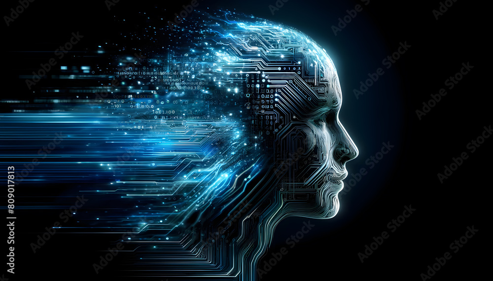 Poster concept with a side profile of a human head made from circuit board patterns, glowing in shades of b