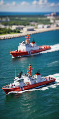 Fototapeta premium A Coast Guard boat cleaves the waves of the sea. Sunny weather. U.S. Coast Guard Day