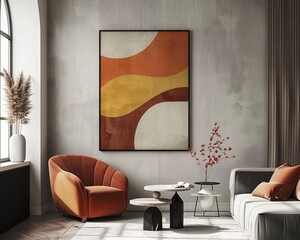 Subtle blend of shapes and curvilinear lines in muted tones, evoking vintage posters of the early 20th century for elegant wall art
