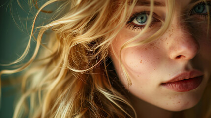 Naklejka premium A close-up photo of a blonde's face conveys her expressive features and sophistication.
