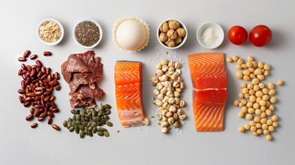 Top-down, isolated view of five food groups, carefully arranged for clarity and color, studio lighting highlighting their features