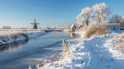 Traditional windmills by the canals in a quaint village, snow-covered landscape and frozen waters, under a clear winter sky