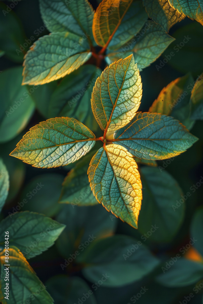 Poster a geometric depiction of mate leaves breaking into fractal patterns of energy, complex and invigorat