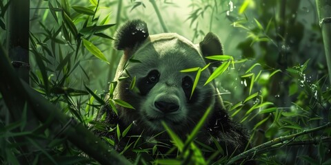 An image of a gentle giant panda peacefully nibbling on bamboo shoots, with its black and white fur...