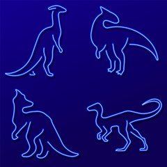 dinosaur group of neon icons, vector illustration on black background.
