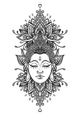 Vector Buddha head with ornamental floral, ethnic art, patterned Indian paisley. Hand drawn illustration. Invitation element. Tattoo, astrology, alchemy, boho and magic symbol. Coloring book