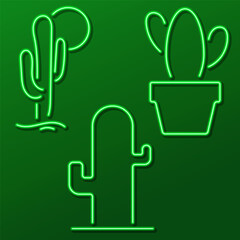 cactus group of neon icons, vector illustration, on black background.