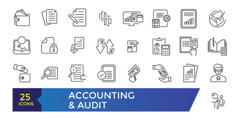 Accounting and audit icon collection. Business symbols. Editable stroke.