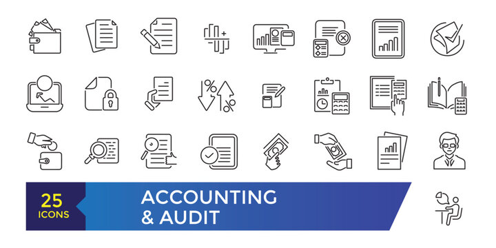 Accounting and audit icon collection. Business symbols. Editable stroke.
