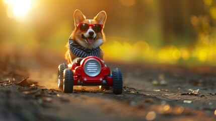 Pembroke Welsh Corgi wearing sunglasses and a scarf, driving in a toy car, ideal for children's toys or pet accessories.