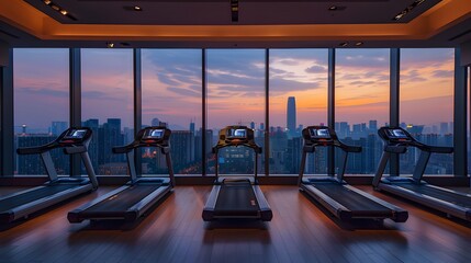 High-end luxury fitness in a high-rise building Looks comfortable with a large mirror. The city view outside is very beautiful. Ideal for use as design inspiration for designers or property owners.