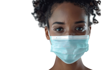 Brazilian woman wears protective mask against Covid on isolated transparent background