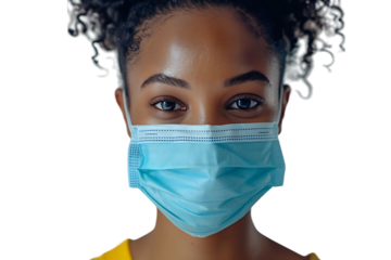 Brazilian woman wears protective mask against Covid on isolated transparent background