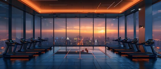 High-end luxury fitness in a high-rise building Looks comfortable with a large mirror. The city view outside is very beautiful. Ideal for use as design inspiration for designers or property owners.