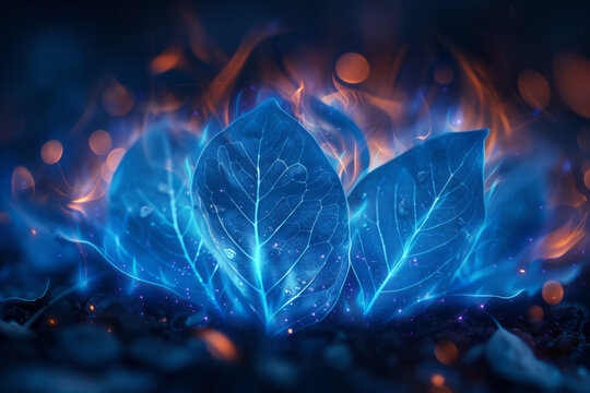 Abstract interpretation of mate leaves bursting into dynamic, electric blue arcs of energy,
