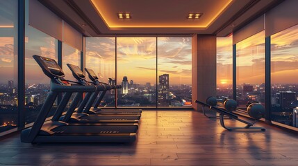High-end luxury fitness in a high-rise building Looks comfortable with a large mirror. The city view outside is very beautiful. Ideal for use as design inspiration for designers or property owners.