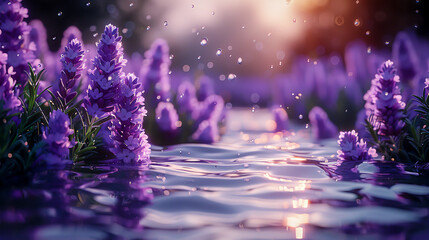 Beauty Purple Flowers Reflecting on Water Surface, generative Ai