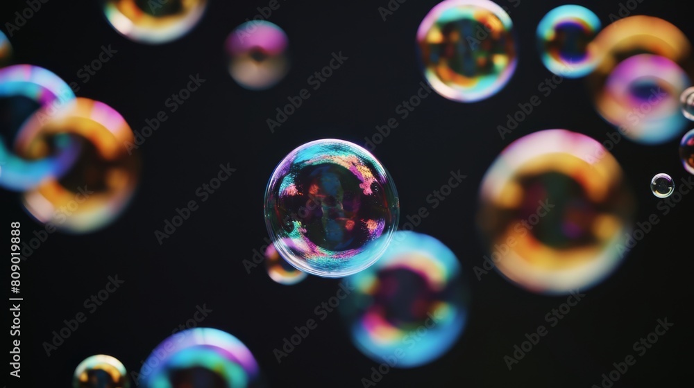 Poster colorful soap bubbles floating in dark background