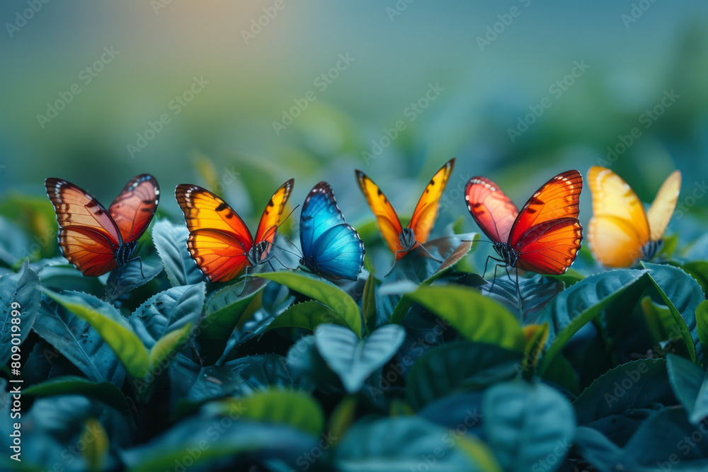 Poster a vibrant display of tea leaves turning into colorful butterflies, symbolizing transformation and en