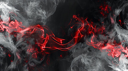 Smoke billowing in a blend of black and white, enhanced by a neon red glow that adds a dramatic flair to the abstract scene.