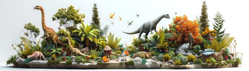 A dinosaur scene with a variety of dinosaurs and plants