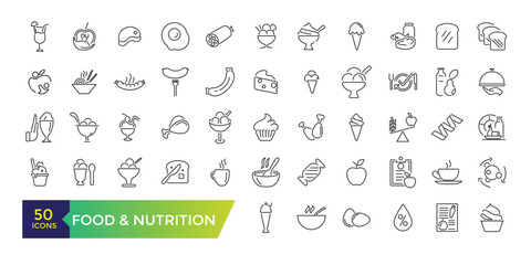 Food and nutrition icons set. Editable stroke pack. Outline icons collection.