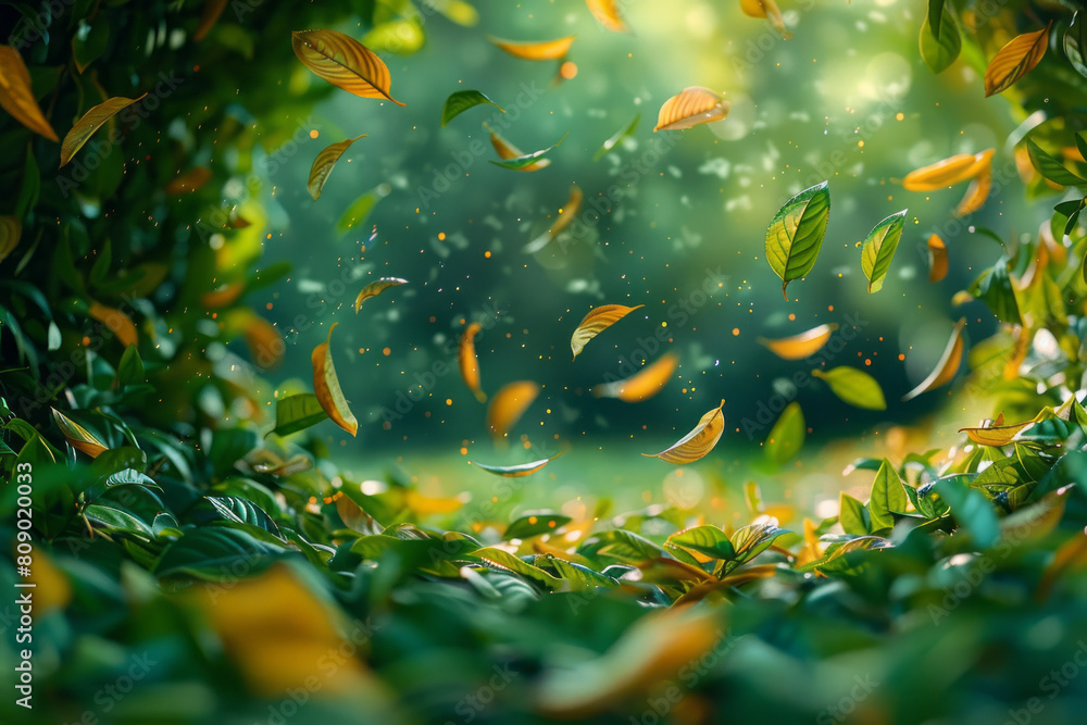 Poster tea leaves swirling into a gentle tornado, capturing both the calming and invigorating effects of te