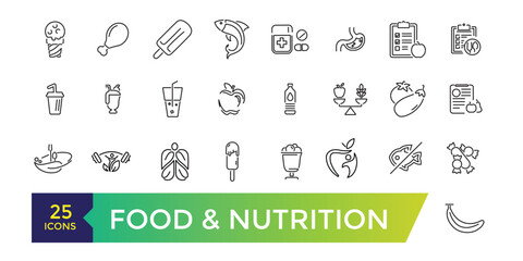Food and nutrition icons set. Editable stroke pack. Outline icons collection.