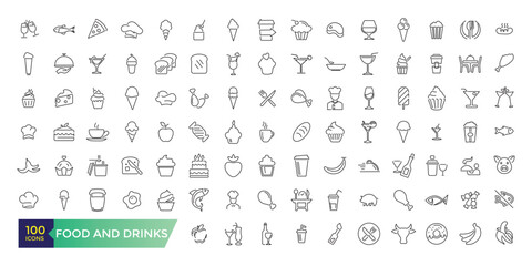 Food and drinks icons collection. Set of more thin line icons. Food and drinks black icons.