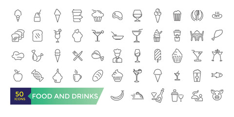 Food and drinks icons collection. Set of more thin line icons. Food and drinks black icons.