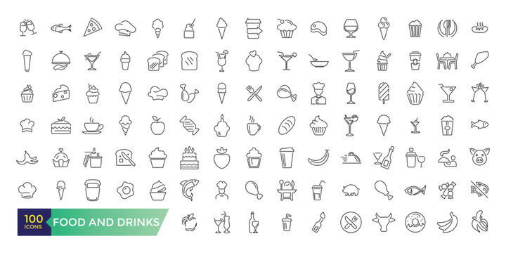 Food and drinks icons collection. Set of more thin line icons. Food and drinks black icons.