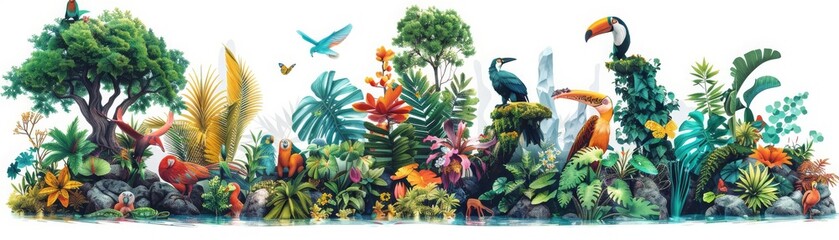 A colorful jungle scene with many different types of plants and animals