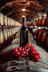 Red wine bottle mock up on on top of an old barrel, rows of barrels inside a winery or castle-like building, copy space and place for logo