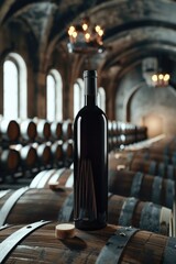 Red wine bottle mock up on on top of an old barrel, rows of barrels inside a winery or castle-like building, copy space and place for logo