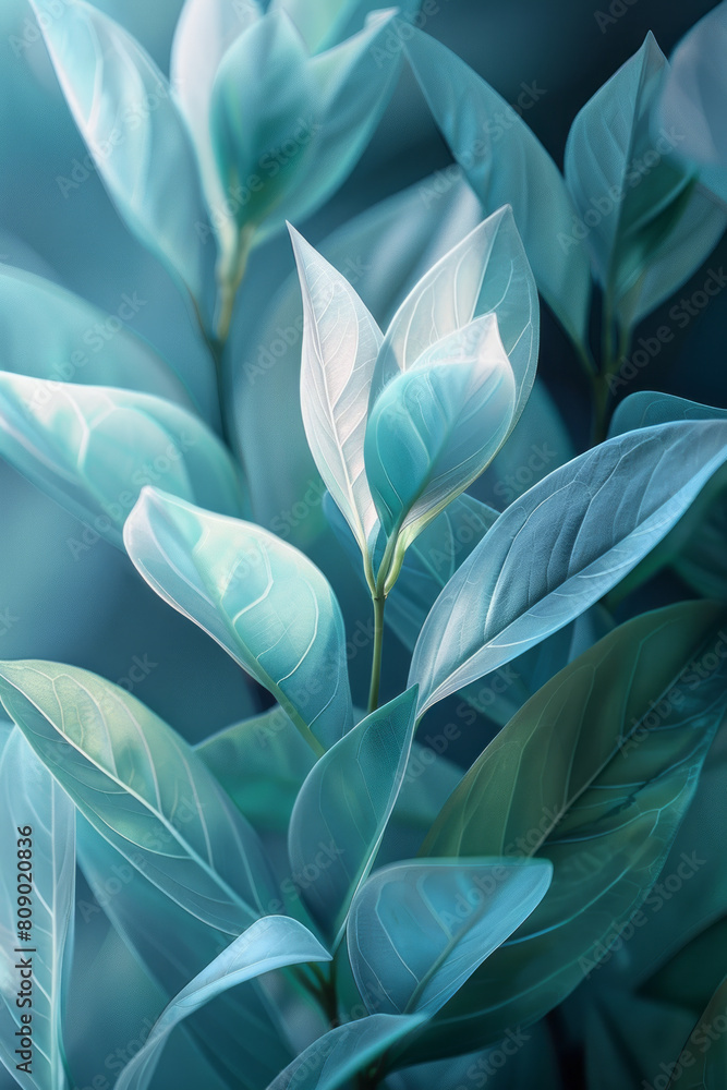 Aufkleber an abstract depiction of tea leaves transitioning into soft, flowing ribbons of calming blues and gr