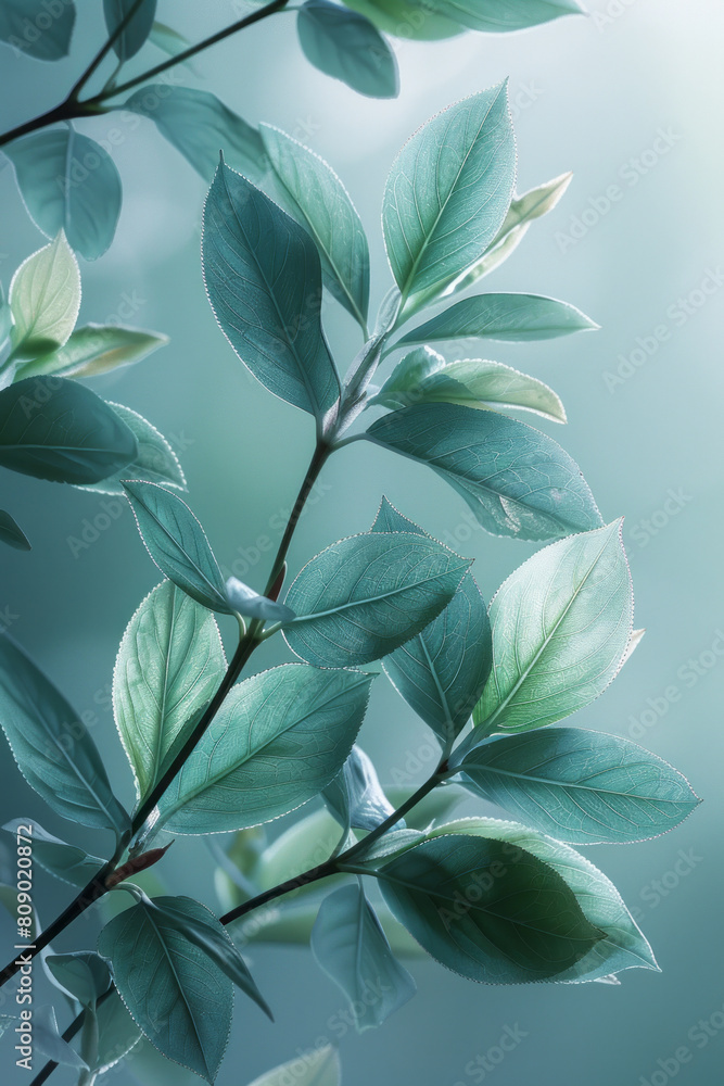 Poster an abstract depiction of tea leaves transitioning into soft, flowing ribbons of calming blues and gr