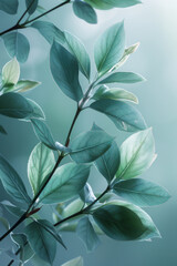 An abstract depiction of tea leaves transitioning into soft, flowing ribbons of calming blues and greens,