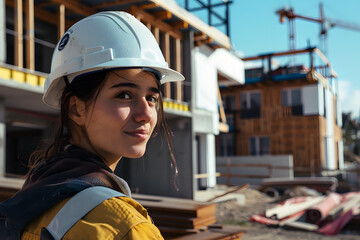 Portrait of a young female engineer with helmet smiling at construction site