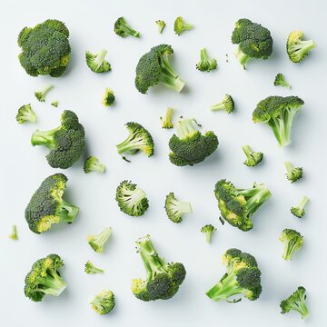 A close-up image of broccoli florets on a white background. The florets are arranged in a regular pattern.