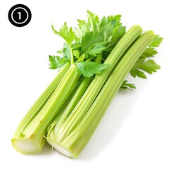 A close-up image of a bunch of celery. The celery is green and fresh, with the leaves still attached. The celery is cut into 12-inch stalks.