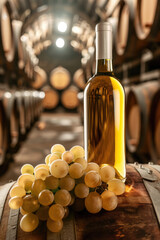 White wine bottle mock up on on top of an old barrel, rows of barrels inside a winery or castle-like building, copy space and place for logo..