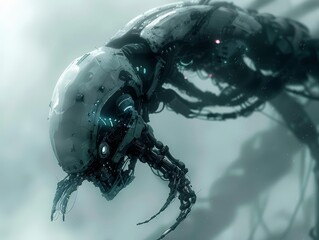 Design a detailed concept art of a robotic creature inspired by a mix of insect and arachnid features